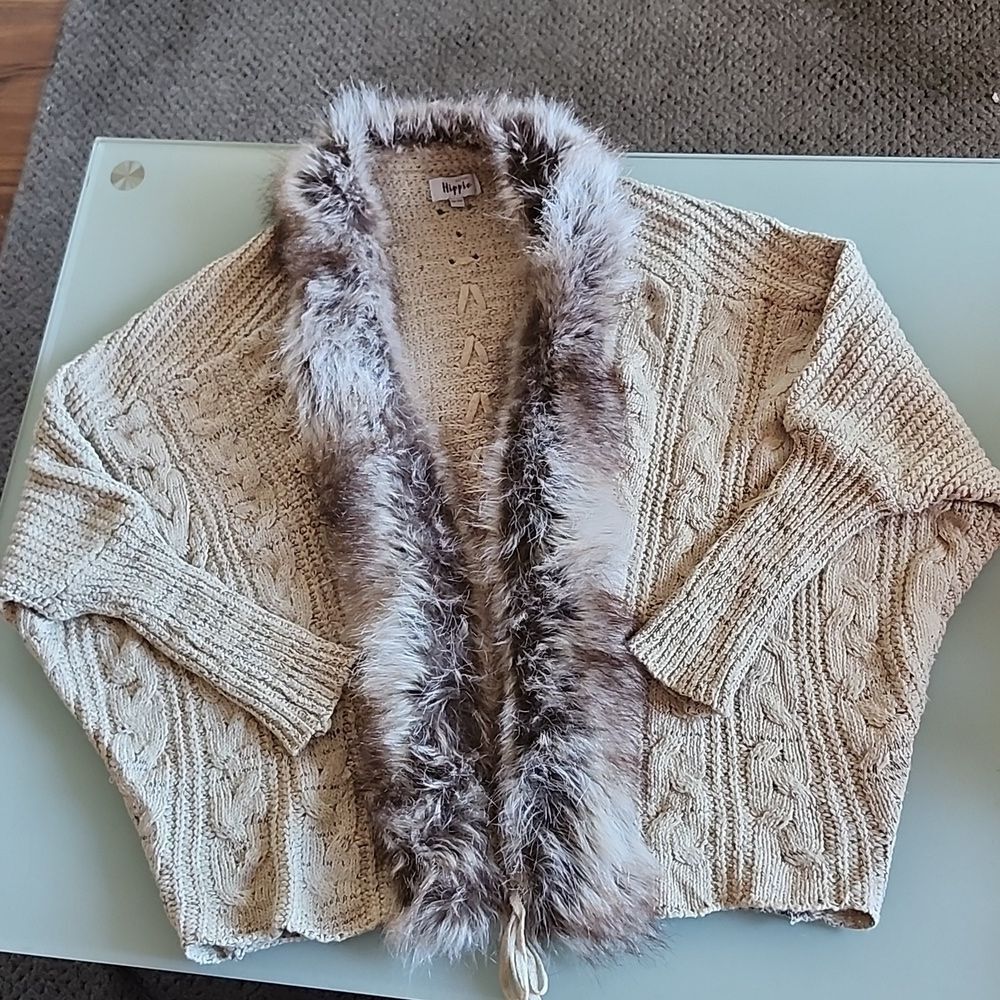 Military Hippie Cardigan Faux Fur Chunky Cable Knit Boho Batwing Free Size